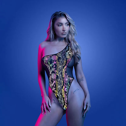 Fantasy Lingerie Glow Luminescent Floral Print One-Shoulder Teddy