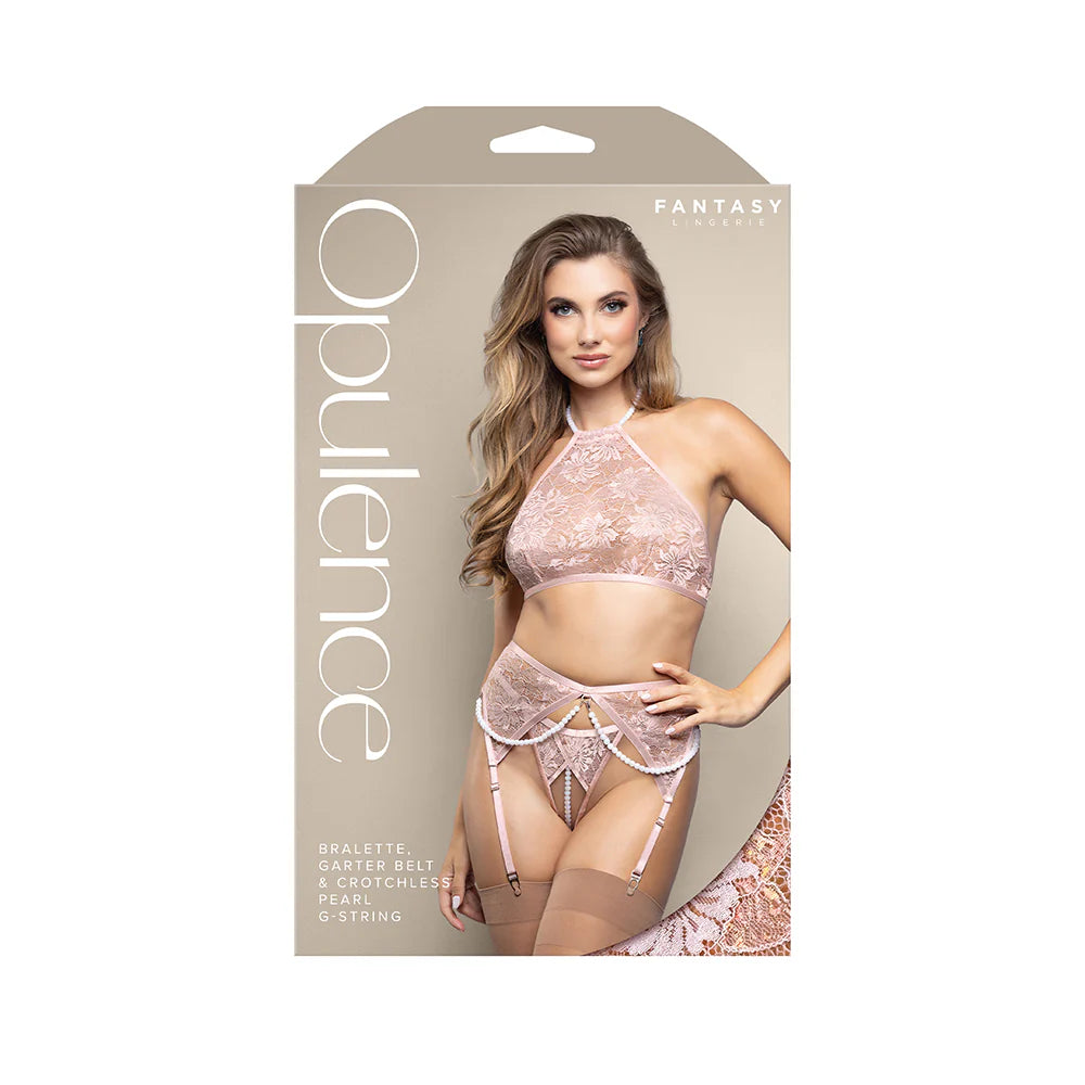 Fantasy Lingerie Opulence Pearl Halter Bralette, Garter Belt & Crotchless Pearl G-String