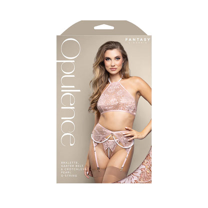 Fantasy Lingerie Opulence Pearl Halter Bralette, Garter Belt & Crotchless Pearl G-String