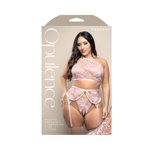 Fantasy Lingerie Opulence Pearl Halter Bralette, Garter Belt & Crotchless Pearl G-String