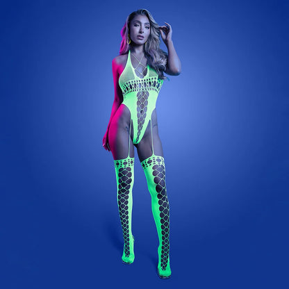 Fantasy Lingerie Glow Paradigm UV Reactive Halter Teddy Bodystocking
