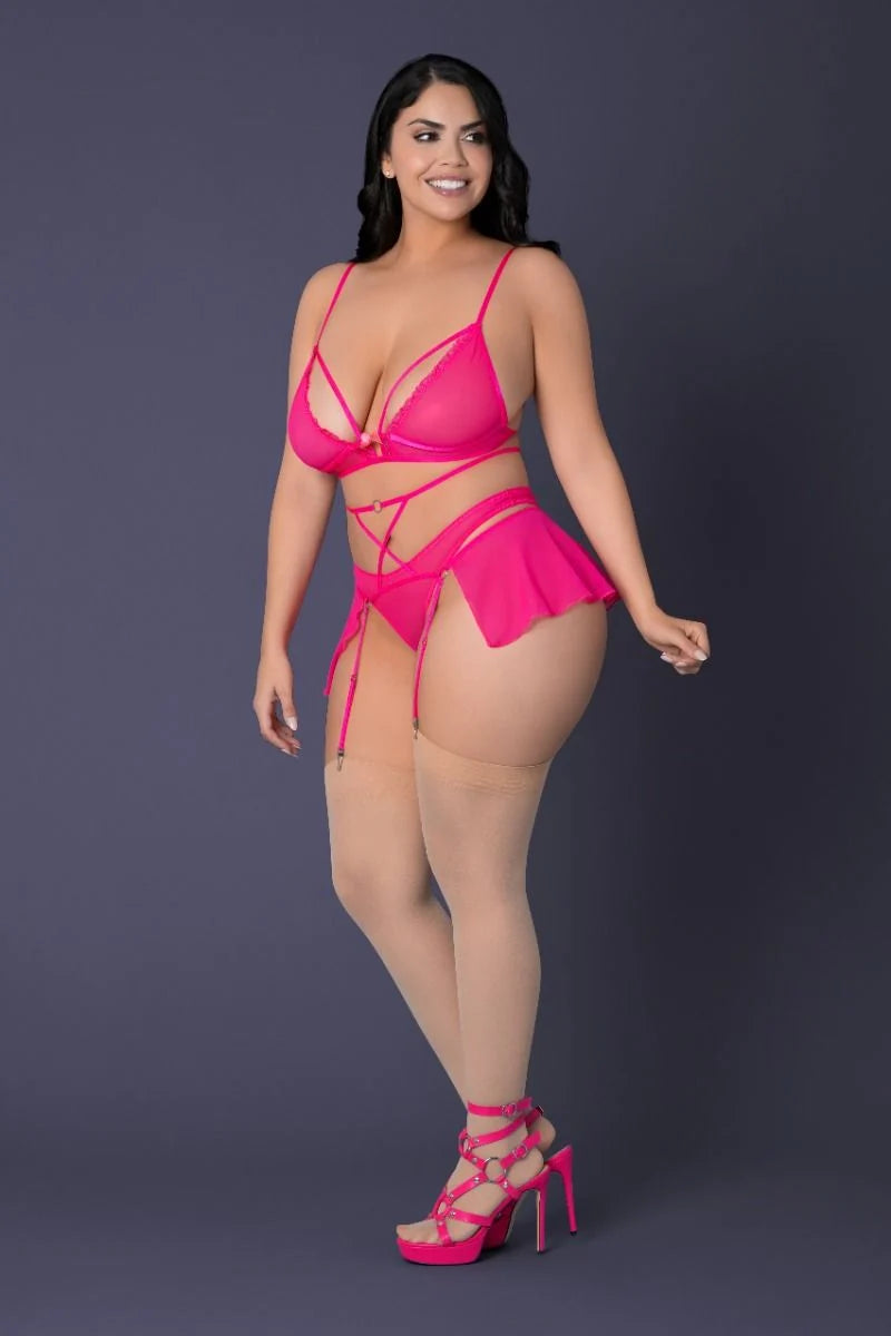 Magic Silk Pink Kink Bralette, High Leg Panty & Garter Skirt Set - Pink