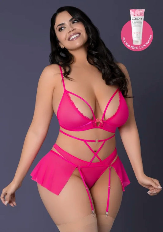 Magic Silk Pink Kink Bralette, High Leg Panty & Garter Skirt Set - Pink
